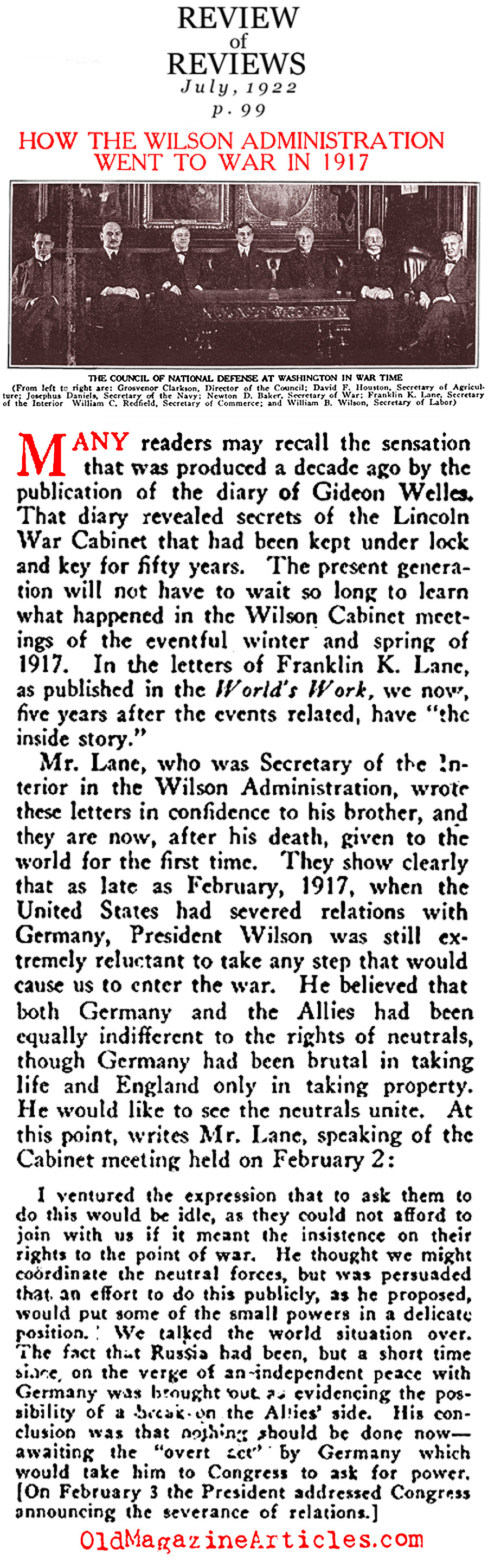 President Wilson's War Cabinet Convenes (Review of Reviews, 1922)